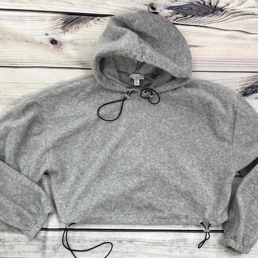 TopShop Sz L Cropped Hoodie Gray Drawstring Cute Top Shop Sweatshirt